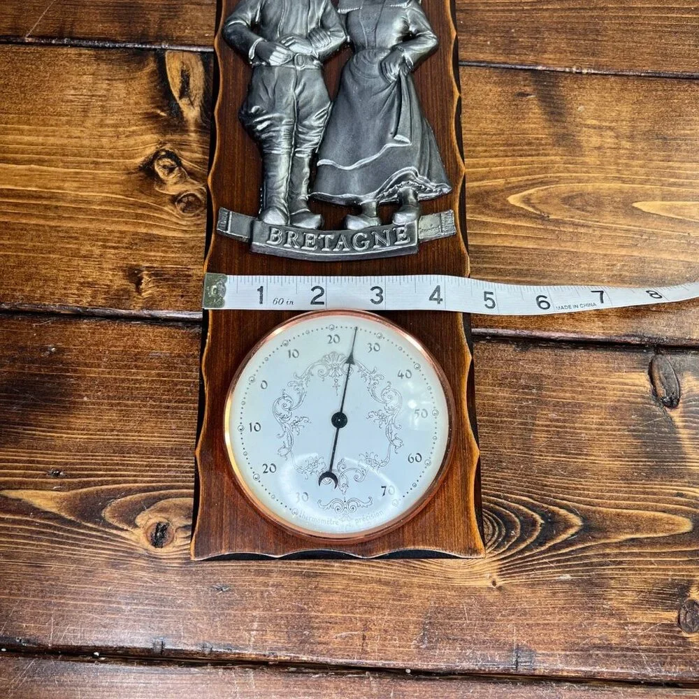 Vintage Wooden & Metal Bretagne France Barometer Man Woman Colonial 12”x4.5”